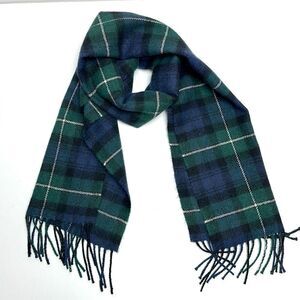 Men’s Ingles Buchan Wool Scarf Green Blue Tartan Plaid Fringe Made in Scotland